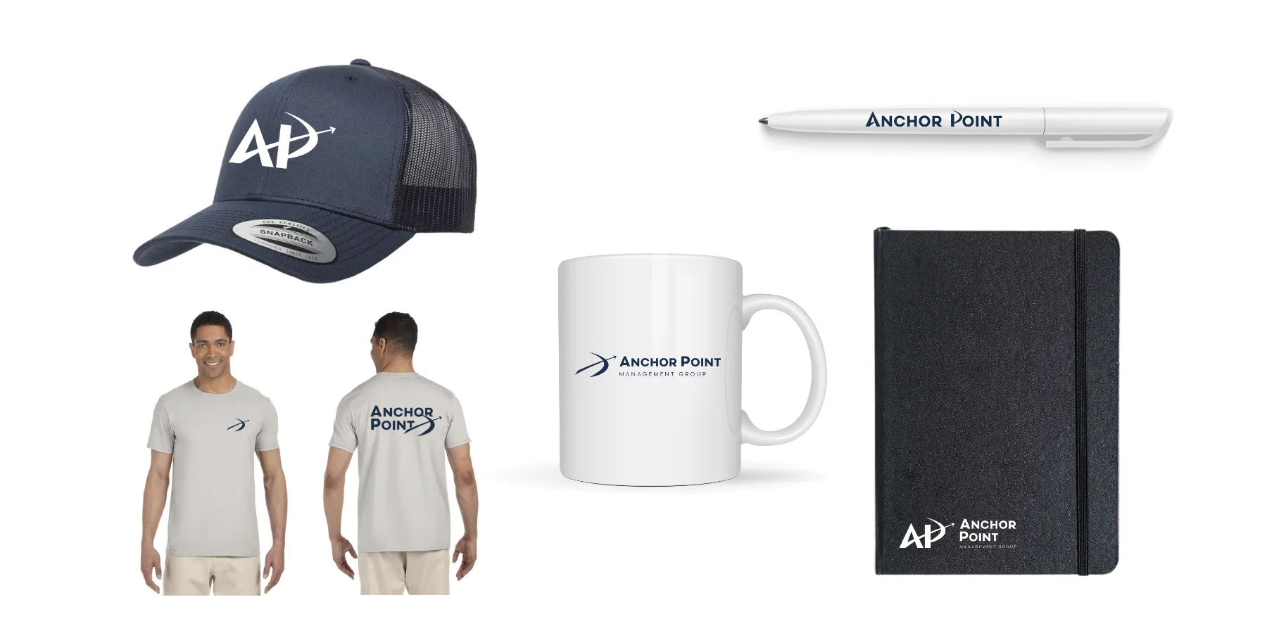 Branded merchandise: hat, tee, mug, notebook, pen