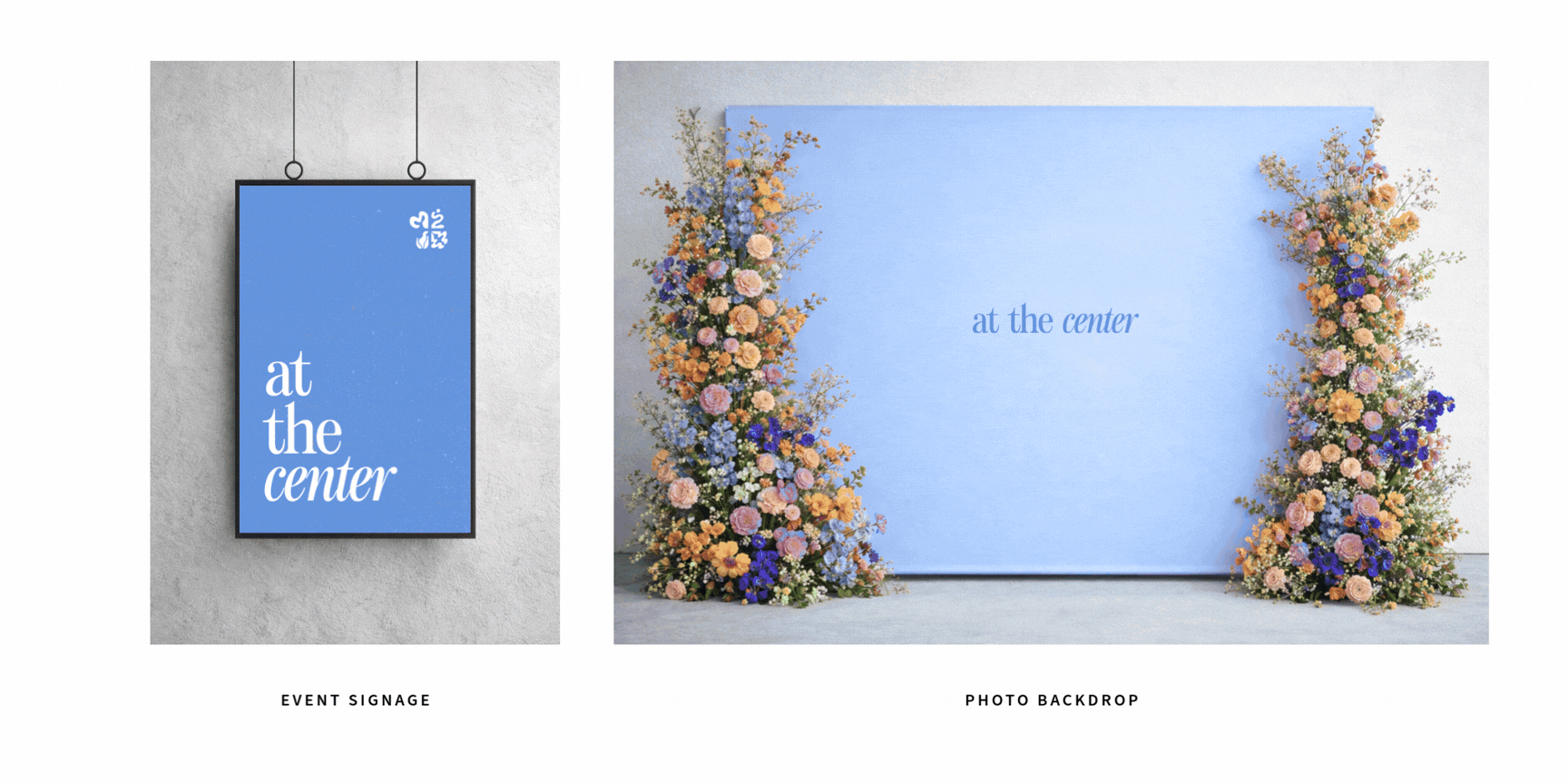 Event signage and floral photo backdrop