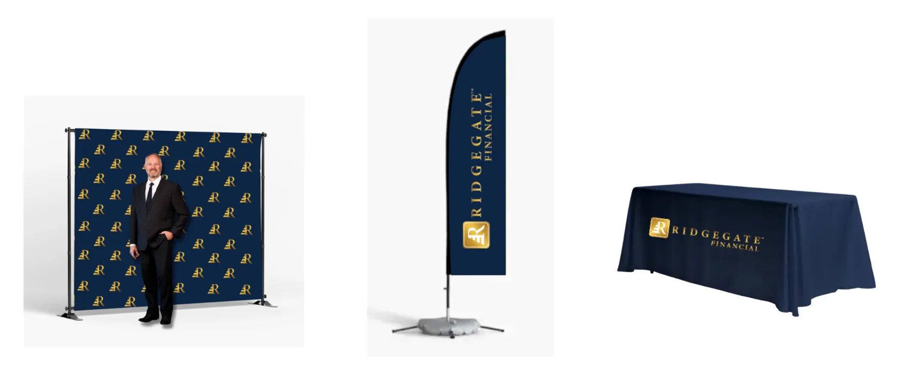 Event backdrop, feather flag and table cover