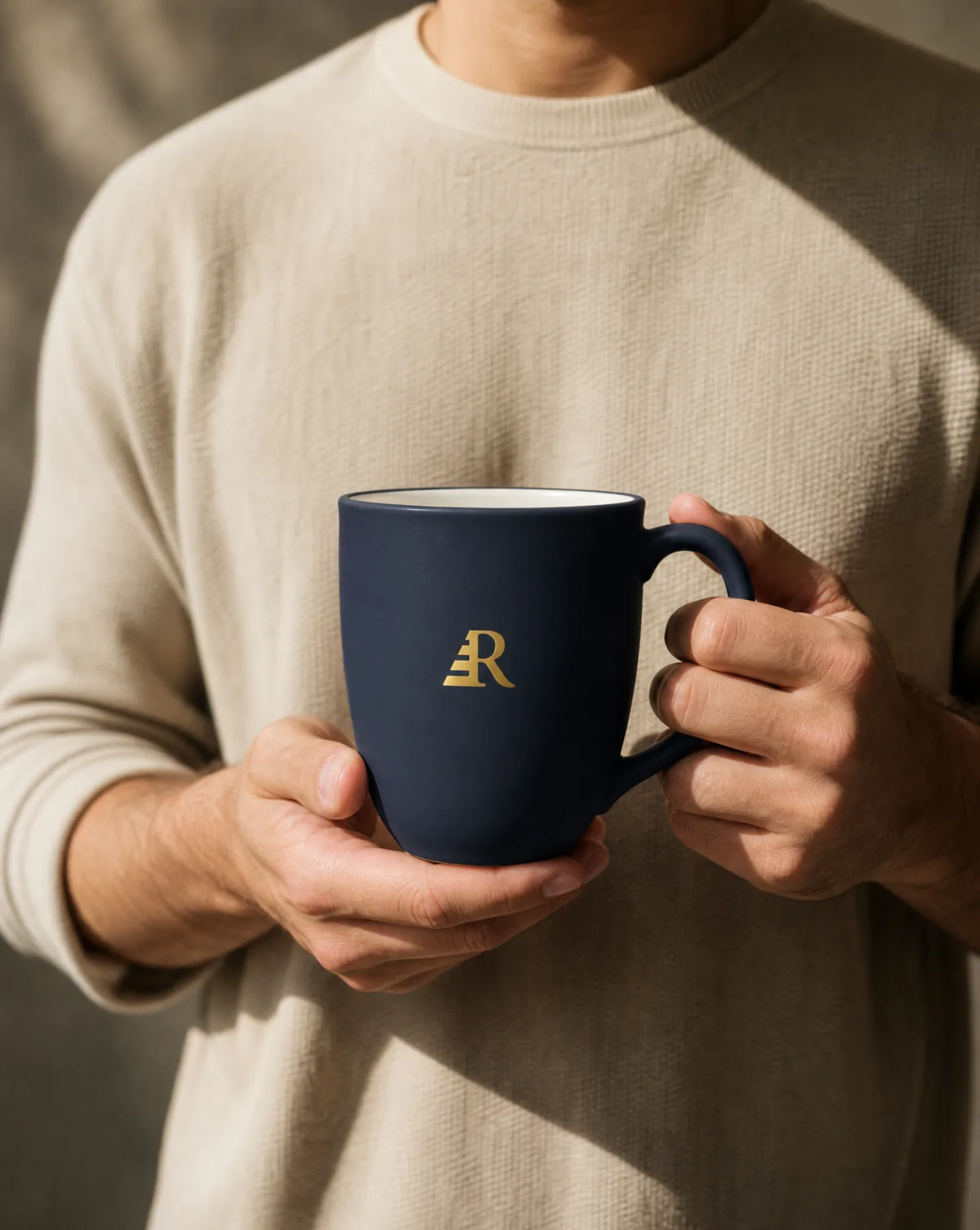 Navy mug with gold monogram