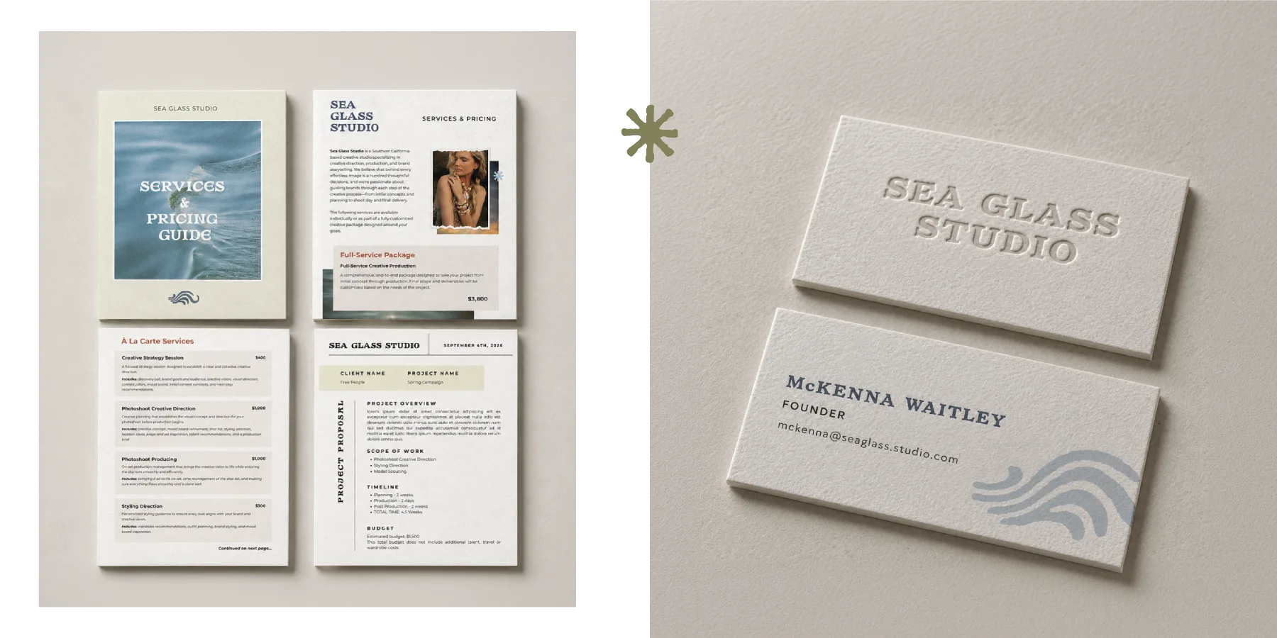 Services and pricing guide, proposal and embossed business cards