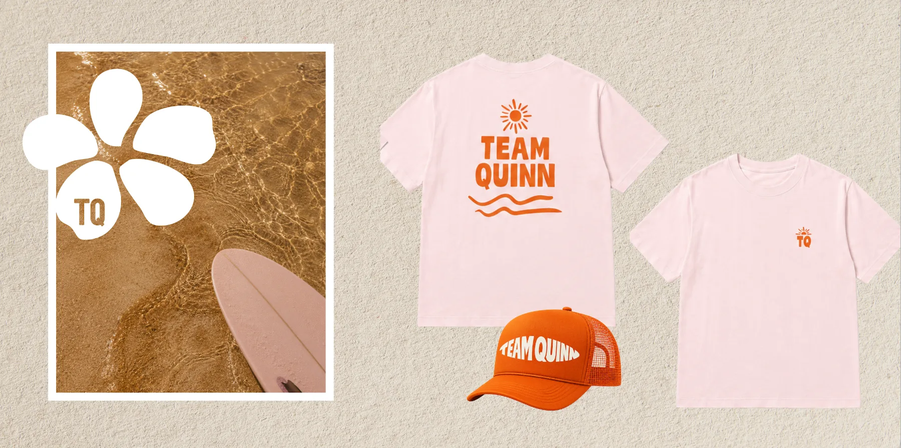 Pink tee, orange trucker and flower mark